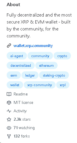 A GitHub repository 'About' section describes a 'Fully decentralized and the most secure XRP & EVM wallet - built by the community, for the community,' linking to 'wallet.xrp.community' with 2.3k stars and 132 forks.