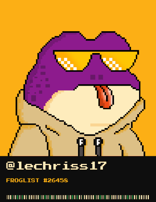 A pixel art image features a frog wearing yellow 'deal with it' sunglasses and a purple hood against an orange background, with text '@lechriss17', 'FROGLIST #26458', and a green-to-white barcode at the bottom.