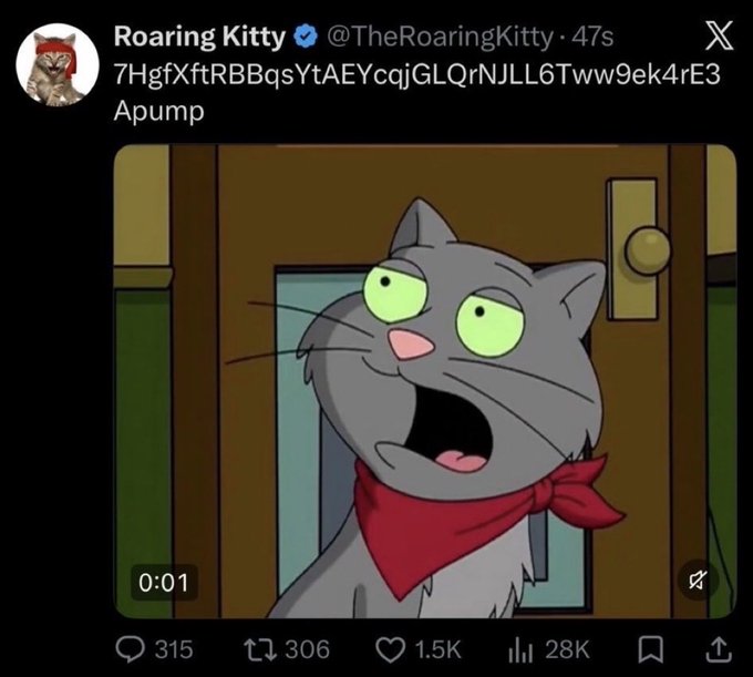 A tweet from Roaring Kitty (@TheRoaringKitty) shows a string of alphanumeric characters followed by the word 'Apump,' accompanied by an animated cat looking shocked.