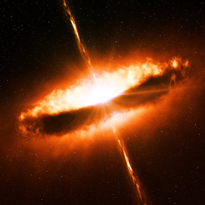 A fiery orange disk of cosmic dust and gas surrounds a brilliantly glowing central star, with twin jets of plasma shooting perpendicular to the disk—evoking a stellar "big bang" explosion that parallels the Bitcoin ₿ symbol's prominence in the post's pun on "big bang impact."