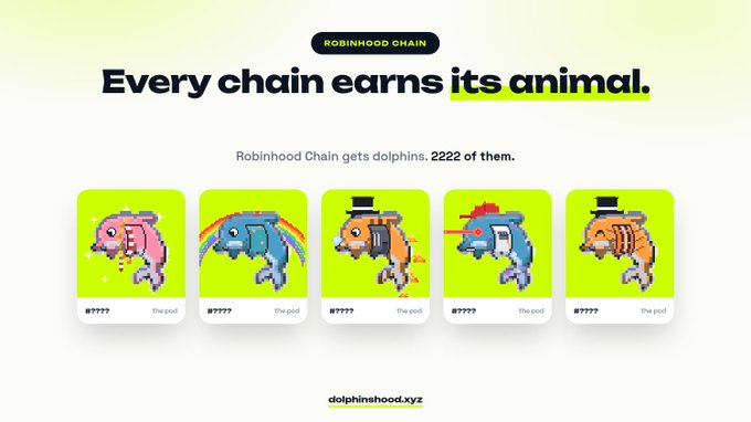 An advertisement for 'ROBINHOOD CHAIN' reads 'Every chain earns its animal' and 'Robinhood Chain gets dolphins. 2222 of them,' displaying five pixel-art dolphin characters.