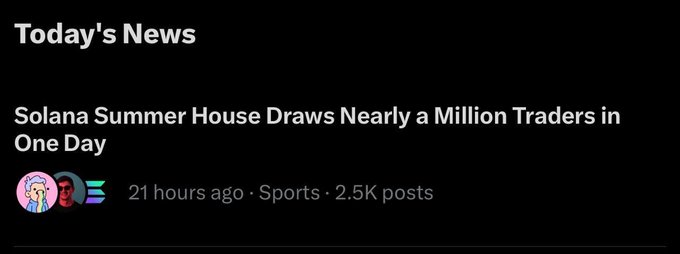 A news feed screenshot showing a 'Today's News' header with the headline 'Solana Summer House Draws Nearly a Million Traders in One Day', posted 21 hours ago in the Sports category.