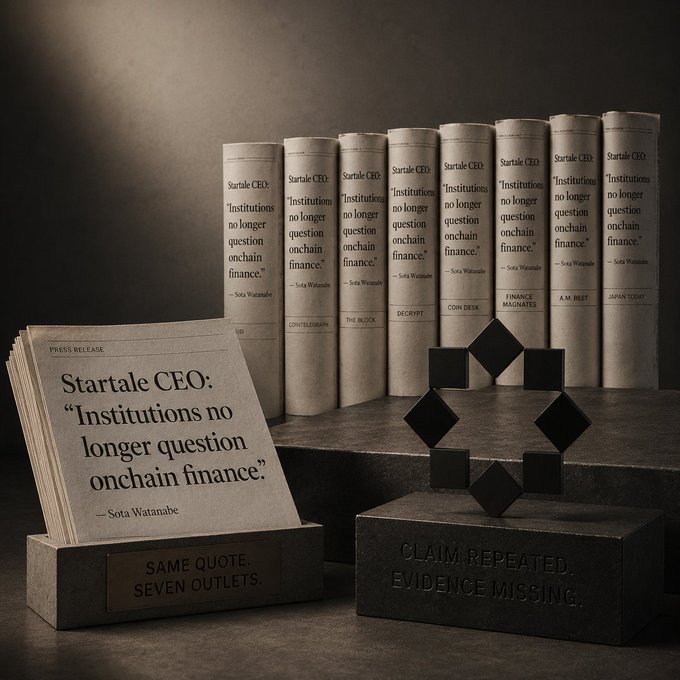 A moody still life shows a stack of newspaper press releases headlined 'Startale CEO: "Institutions no longer question onchain finance." — Sota Watanabe' alongside matching hardcover books and a black pedestal stating 'CLAIM REPEATED. EVIDENCE MISSING.'