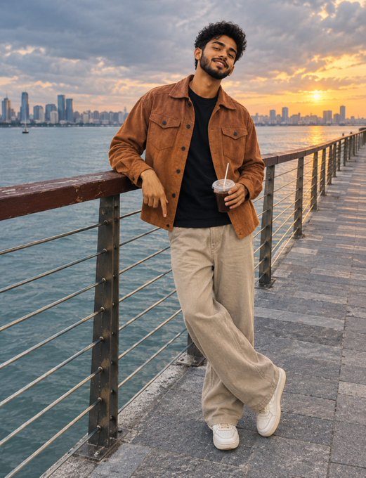 A young man with curly hair and a beard leans against a railing on a waterfront pier at sunset, holding an iced coffee and wearing a brown jacket with beige pants.