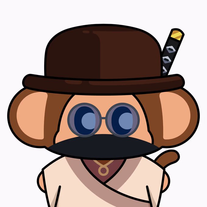 A cartoon-style character resembling a monkey or bear with large round ears, wearing a brown bowler hat with a katana tucked into it, round blue sunglasses, and a tan kimono.