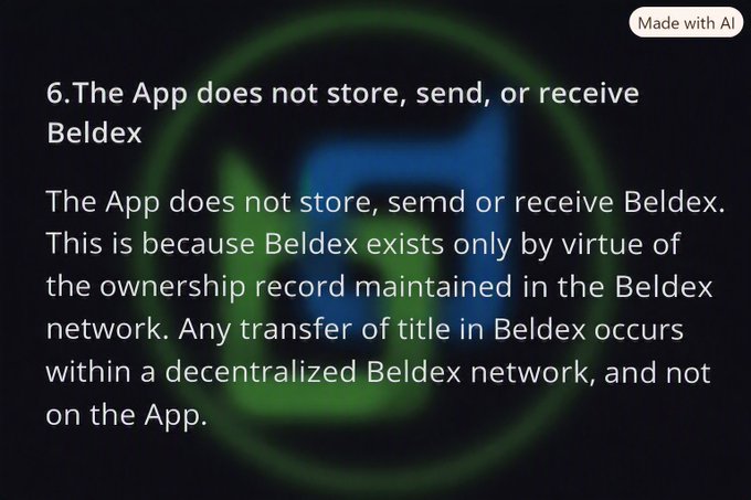 A text-based image with a blurred green and blue logo background stating '6. The App does not store, send, or receive Beldex,' explaining that Beldex transfers occur within the decentralized network and not on the app.