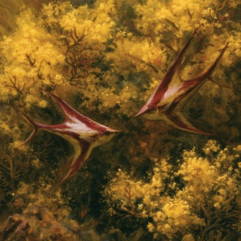 Two reddish-brown pterosaur-like creatures fly through a dense canopy of yellow and green autumn foliage.