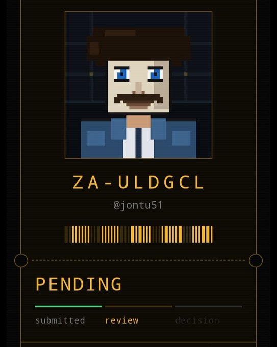 A digital pixel-art style interface showing a bearded man avatar with the username '@jontu51' and code 'ZA-ULDGCL', marked as 'PENDING' in the review stage.