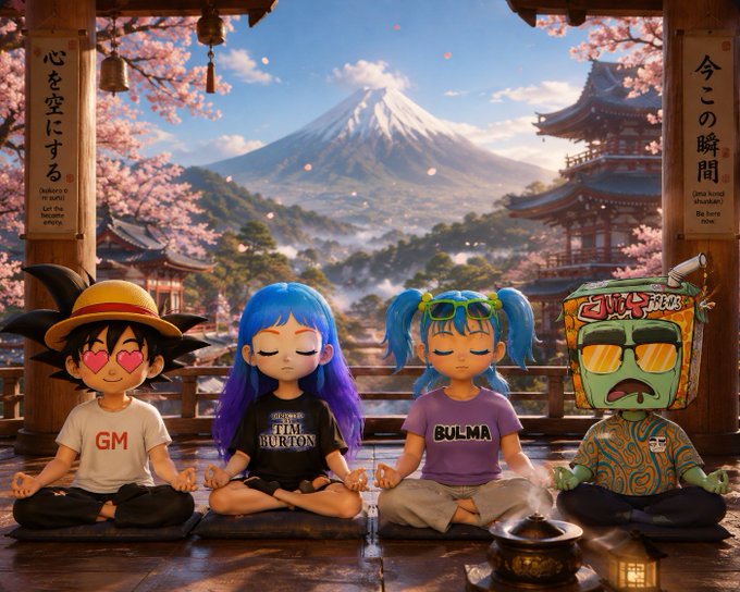 An AI-generated image of anime characters including a Goku figure labeled 'GM', a Bulma-like character, a figure labeled 'BULMA', and a green-skinned character meditating in front of Mount Fuji with Japanese shrine elements.