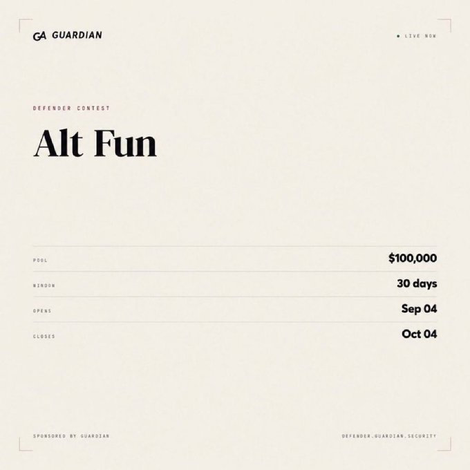 A promotional graphic for a 'GA GUARDIAN' Defender Contest titled 'Alt Fun' with a $100,000 prize pool running from Sep 04 to Oct 04.