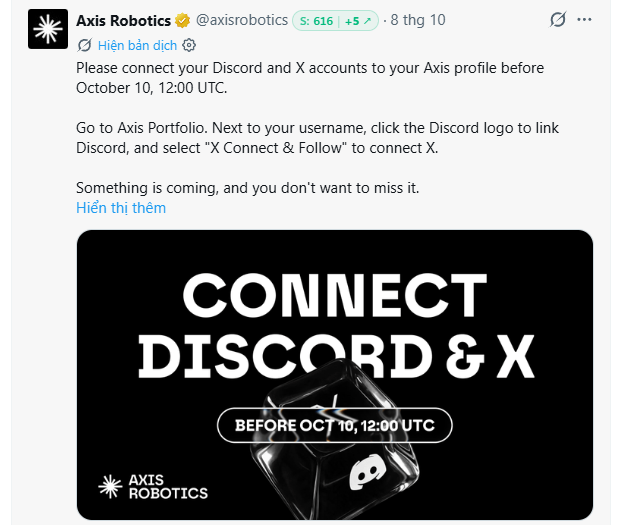 A tweet from Axis Robotics (@axisrobotics) reminding users to connect their Discord and X accounts to their Axis profile before October 10, 12:00 UTC, with a 'CONNECT DISCORD & X' graphic.