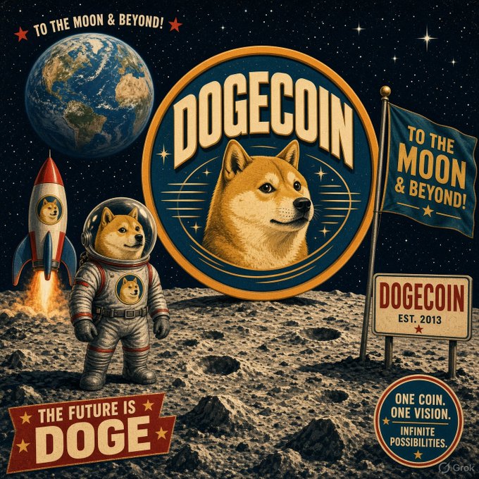 A Dogecoin-themed illustration featuring the Shiba Inu mascot as an astronaut on the moon, with text 'TO THE MOON & BEYOND!', 'DOGECOIN EST. 2013', 'THE FUTURE IS DOGE', and 'ONE COIN. ONE VISION. INFINITE POSSIBILITIES.'