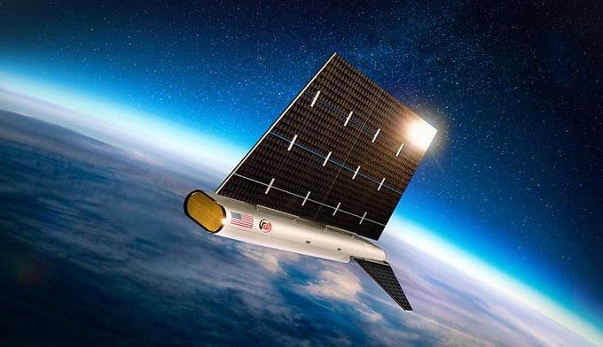 An artist's illustration of a satellite with large solar panels orbiting above Earth against a starry space background, bearing American and what appears to be a Japanese flag on its body.