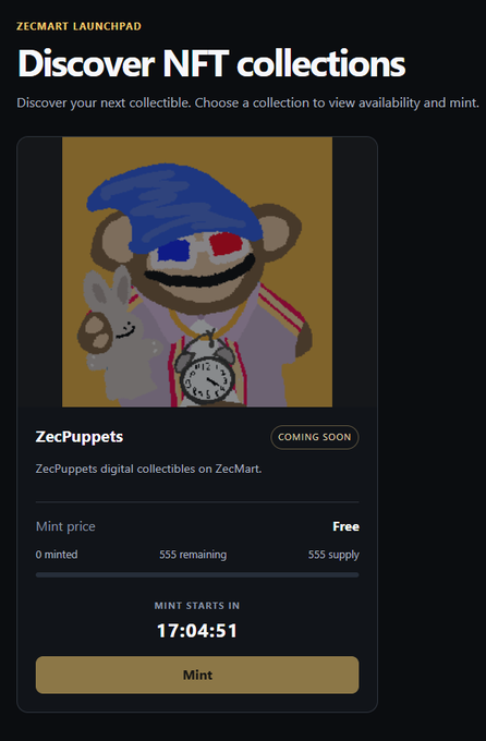 A ZecMart Launchpad NFT collection page featuring "ZecPuppets" digital collectibles with a mint price of Free and 555 supply remaining.