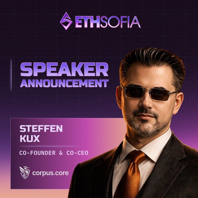 A speaker announcement graphic for ETHSOFIA featuring Steffen Kux, Co-Founder & Co-CEO of corpus.core, showing a man in sunglasses and a suit against a purple grid background.