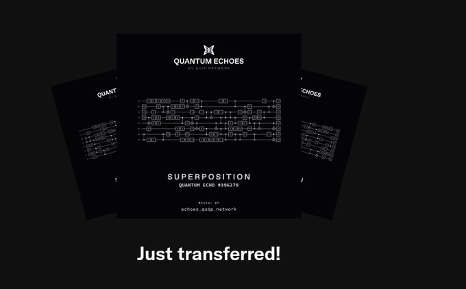 A promotional graphic for 'Quantum Echoes by Quip Networks' featuring a 'Superposition Quantum Echo' design with the text 'Just transferred!' at the bottom.