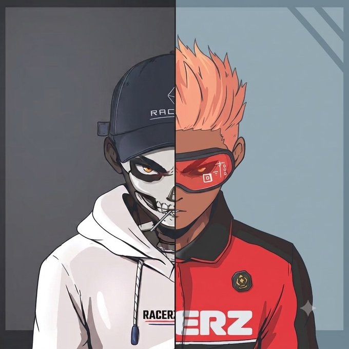 A split-face illustration showing two contrasting characters: the left side features a skull-faced figure in a white 'RACER' hoodie and black cap, while the right side shows a character with orange hair and a red visor wearing a red 'DERZ' shirt.