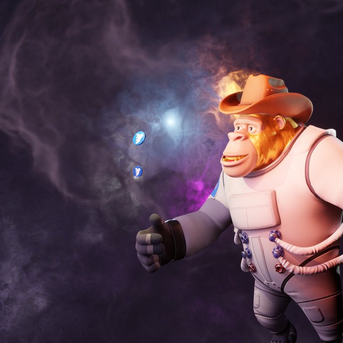 A 3D rendered character dressed as a space cowboy in a white suit and cowboy hat gives a thumbs-up in front of a purple space nebula.