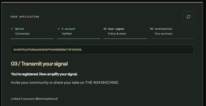 A user has successfully completed the first two steps (Wallet Connected and X account Verified) of a 4-step NFT application process for the Otomate/Quotron404 collection built on Ink network, with their wallet address "0x9347Ea27d20da84fA3Af944EB0086C73Ff6553b" displayed and prompt to share their signal to amplify registration for the 404 MACHINE.