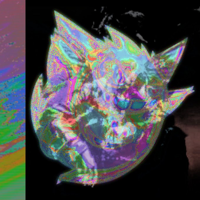 A distorted, glitch-art style rendering of a colorful, horned creature with neon pink, green, and blue chromatic aberration effects.