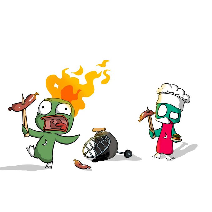 Two cartoon dinosaur-like characters are shown near a flaming barbecue grill; one green character with a wide-open mouth holds a hot dog on a stick, while a chef-hat-wearing character in a red apron holds a burger and hot dog.