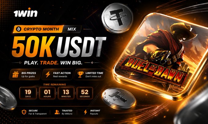 A promotional banner for 1win's "Crypto Month" featuring a $50K USDT prize pool with a "Duel at Dawn" tournament graphic, showing 19 days, 1 hour, 13 minutes, and 52 seconds remaining, alongside crypto coin imagery and highlights like big prizes, fast action, and limited time offers—matching the post's callout of a low $0.80 minimum buy-in crypto tournament with 1,000 prize spots.
