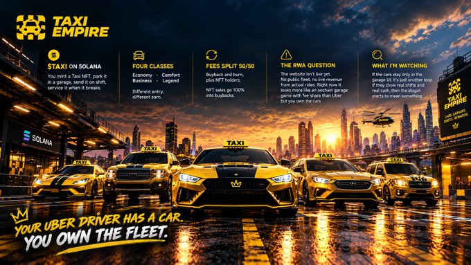 A promotional graphic for 'TAXI EMPIRE' on Solana, featuring golden taxis lined up in a futuristic cityscape with text describing features like 'STAXI ON SOLANA', 'FOUR CLASSES', 'FEES SPLIT 50/50', 'THE RWA QUESTION', and 'WHAT I'M WATCHING', along with the tagline 'YOUR UBER DRIVER HAS A CAR. YOU OWN THE FLEET.'