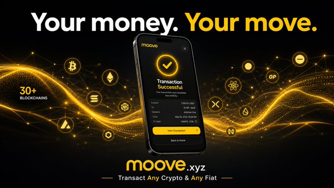 An advertisement for moove.xyz featuring the tagline 'Your money. Your move.' and '30+ BLOCKCHAINS', showing a smartphone displaying a 'Transaction Successful' screen surrounded by cryptocurrency icons.