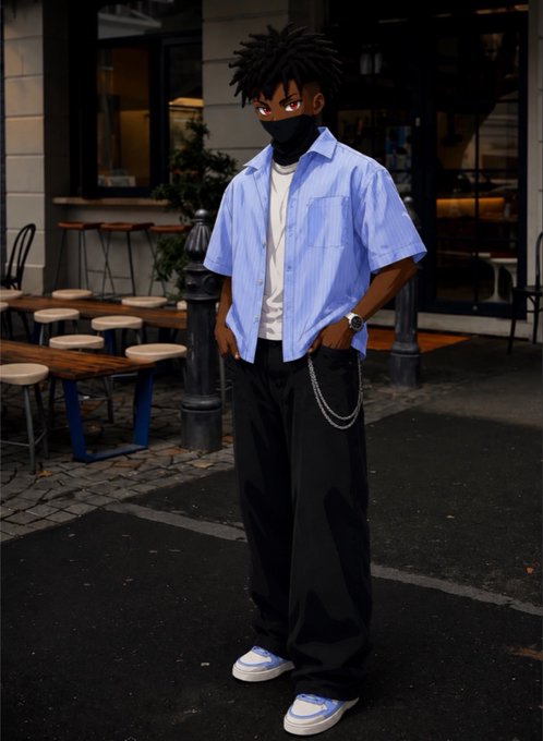 An anime-style character with red eyes and a face mask stands on a city street wearing a light blue striped shirt over a white tee, black wide-leg pants with a chain, and sneakers. The "touch grass" message ties into the image's grounded, real-world urban setting—a literal reminder to step away from screens and portfolios to engage with the outdoors, humorously juxtaposed with the character's stylized, screen-bound aesthetic.
