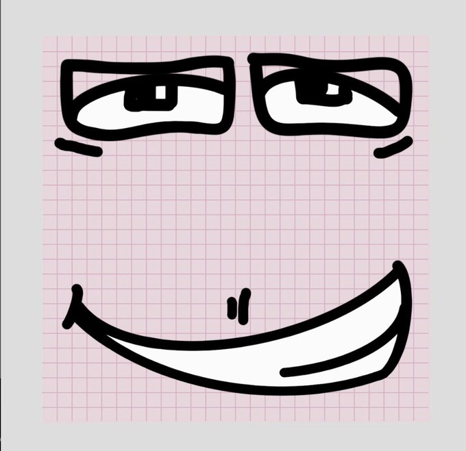 A simple black-and-white line drawing of a cartoon face on pink grid paper, featuring sharp angled eyes and a wide, menacing smile.