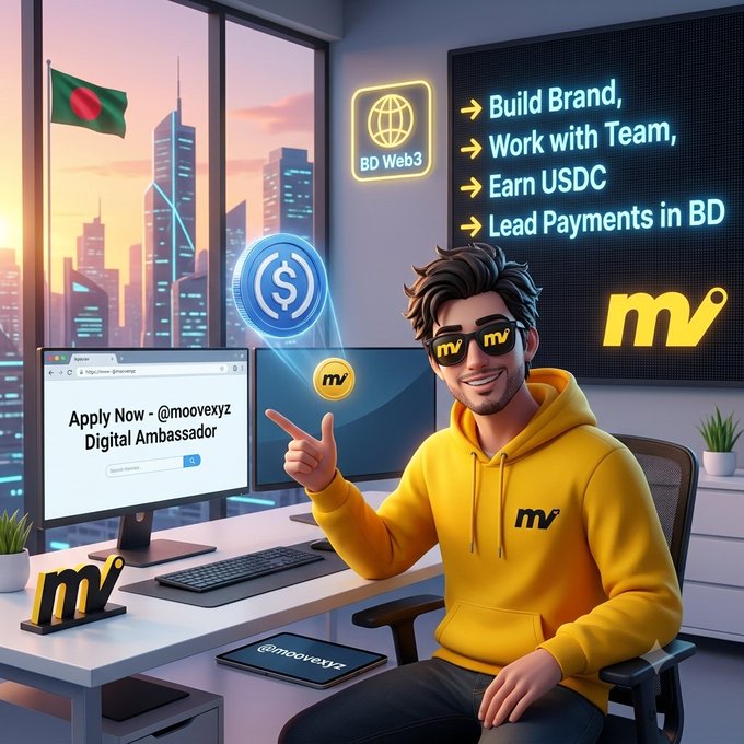 A digital promotional image featuring a man in a yellow 'mv' hoodie pointing at a screen reading 'Apply Now - @moovexyz Digital Ambassador,' alongside text including 'BD Web3,' 'Build Brand, Work with Team, Earn USDC, Lead Payments in BD,' and a Bangladesh flag.
