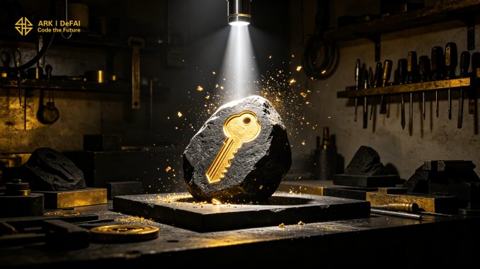 A dramatic workshop scene features a golden keyhole being unveiled from a chiseled stone block under a spotlight, surrounded by sparks and tools, with "ARK | DeFAI — Code the Future" displayed in the corner. The imagery mirrors the post's message of Arkie AI App unlocking new possibilities, as the illuminated keyhole symbolizes how AI agents break through complexity to create new opportunities.
