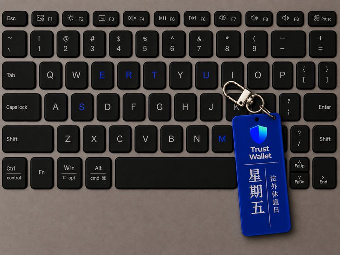 A close-up of a dark laptop keyboard with a blue "Trust Wallet" keychain hanging over the keys, featuring Chinese characters "星期五" (Friday) and "法外休息日" (Illegal rest day).