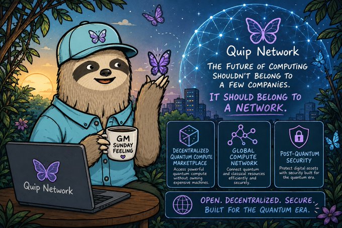 A promotional image for Quip Network featuring a cartoon sloth character in a cap holding a 'GM SUNDAY FEELING' mug and a laptop, highlighting Decentralized Quantum Compute Marketplace, Global Compute Network, and Post-Quantum Security.
