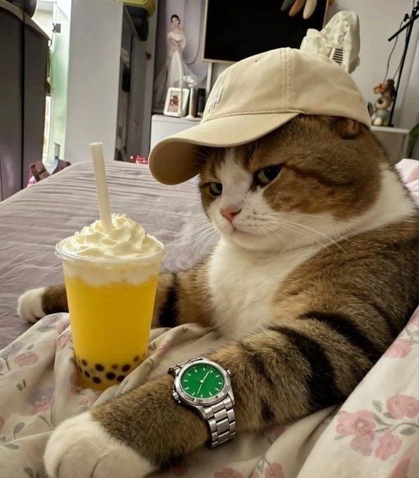 A cat wearing a tan baseball cap and a green-faced wristwatch, posing with a boba drink and whipped cream.