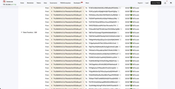 A screenshot of the TronScan blockchain explorer showing a long list of TRC-20 token transfers with 'From' and 'To' addresses, all involving a token called 'Snek'.
