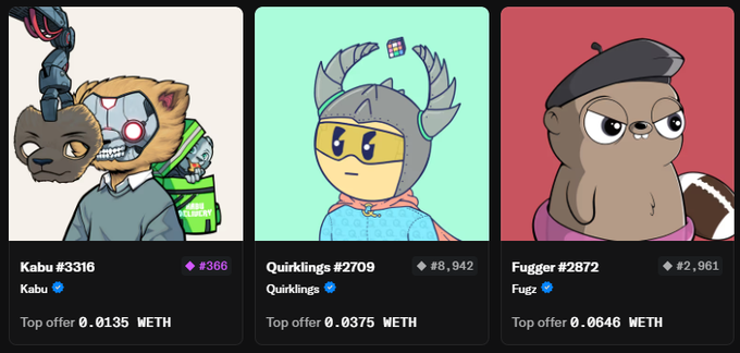 Three NFT collectible cards display cartoon characters: Kabu #3316 (robot with bear head), Quirklings #2709 (horned character), and Fugger #2872 (owl-like creature), each with top offer prices in METH.