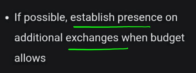 A bullet point on a dark background reads: "If possible, establish presence on additional exchanges when budget allows"—with the words "establish presence" and "on" underlined in green. The image highlights one of the burdens tokens face: gaining mainstream visibility requires paying for centralized exchange listings, which ironically is what unlocks basic market data on platforms like CoinGecko.
