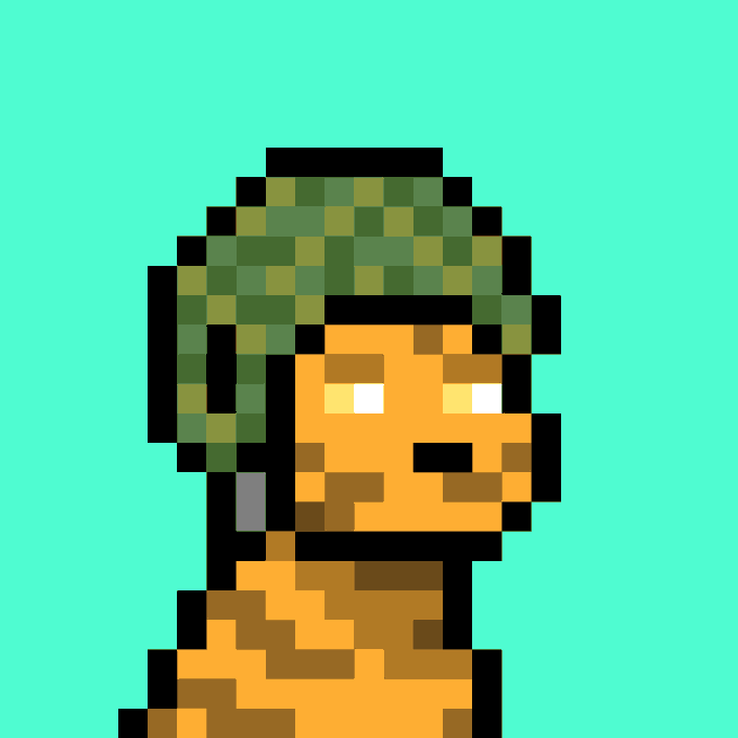 A pixel art portrait of Doginal Dog #2015, featuring a dog with orange and brown fur wearing a green pixelated helmet, set against a bright turquoise background. The digital artwork serves as the official image for the dog's inscription in the @doginaldogs collection, listed for sale at 55250 DOGE.