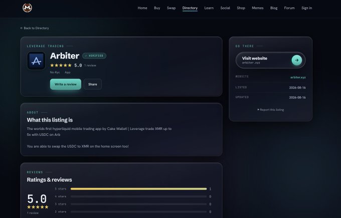 A screenshot of a cryptocurrency directory webpage for 'Arbiter', a verified leverage trading app, displaying a 5.0 rating and a visit website button for arbiter.xyz.