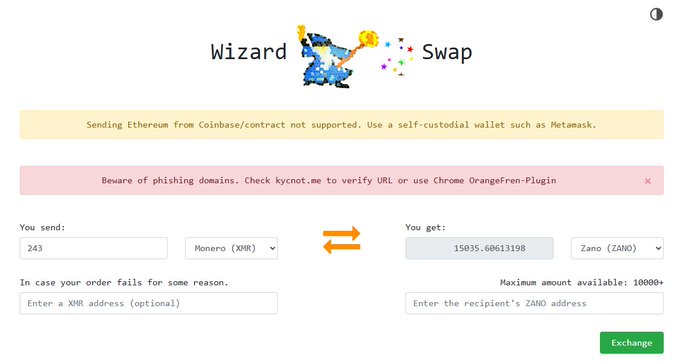 The WizardSwap.io interface shows a cryptocurrency exchange screen where users can swap 243 Monero (XNR) for approximately 15,035.60613198 Zano (ZANO), with a note indicating "Maximum amount available: 10000+" supporting the post's claim of 15,000+ ZANO liquidity being available for direct swaps without a centralized exchange.