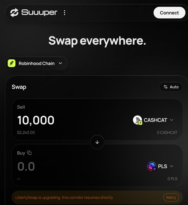 A screenshot of the Suuuper crypto swap platform on Robinhood Chain, showing a sell of 10,000 CASHCAT for PLS, with a message indicating LibertySwap is upgrading.