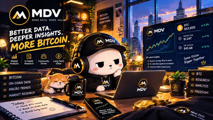 A promotional graphic for MDV (More Data. More Value.) featuring the tagline 'Better Data. Deeper Insights. More Bitcoin' with a cartoon character wearing MDV-branded headphones and merchandise, alongside Bitcoin price displays showing BTC at $63,850.