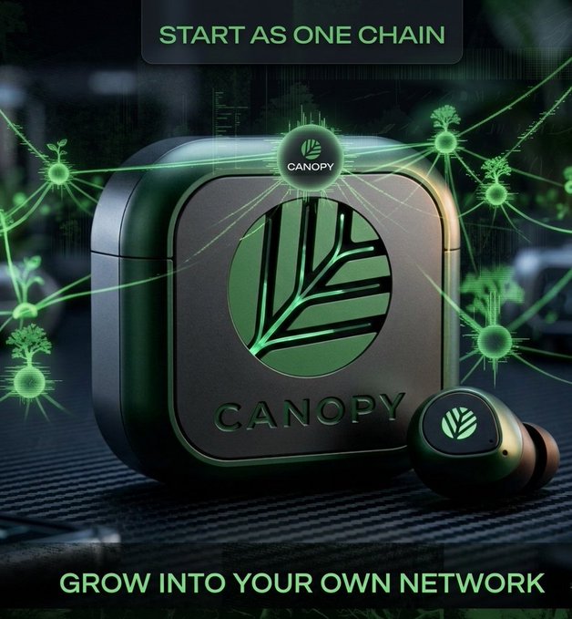 An advertisement for Canopy wireless earbuds displays a black charging case and earbud with a green leaf logo, accompanied by the text 'START AS ONE CHAIN' and 'GROW INTO YOUR OWN NETWORK' against a background of connected green nodes.