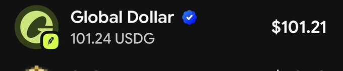 A crypto wallet interface showing 'Global Dollar' with a verified checkmark, displaying a balance of '101.24 USDG' and a current value of '$101.21'.