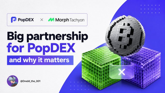 A promotional graphic announcing a 'Big partnership for PopDEX and why it matters' with Morph Tachyon branding and a disco ball graphic.