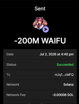 A screenshot of a successful Solana transaction showing "-200M WAIFU" sent to wallet nUq1...cMFQ on July 2, 2026, with a network fee of ~0.00008 SOL, appearing to demonstrate the $WAIFU airdrop distribution referenced in the accompanying post.
