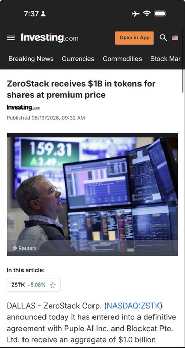 A screenshot from Investing.com showing a news article about ZeroStack Corp. (NASDAQ: ZSTK) receiving $1B in tokens for shares at a premium price, with ZSTK up +5.08%, dated 08/19/2026.