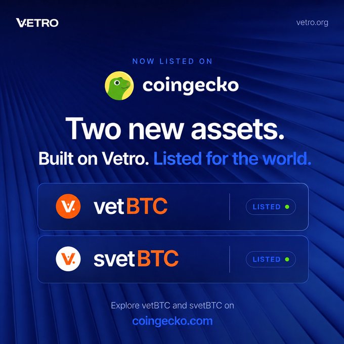 A blue promotional graphic from Vetro (vetro.org) announcing 'Two new assets'—vetBTC and svetBTC—now listed on CoinGecko.