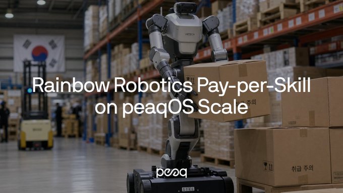 The image features an advertisement for Rainbow Robotics Pay-per-Skill Leasing service that uses robots as an example. The text "peaq x Rainbow Robotics VCB: Introducing Pay-per-skill Leasing Already integrated for Rainbow Robotics, South Korea's @Samsung" is displayed in the image. This suggests that the company has developed a system to lease skills from robots and integrate them into their operations. The robot in the image appears to be a large one with arms, which could be used for various tasks such as lifting heavy objects or performing complex movements.